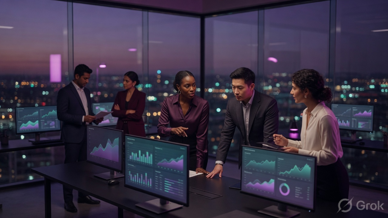 Finance team reviewing revenue dashboards in a modern office